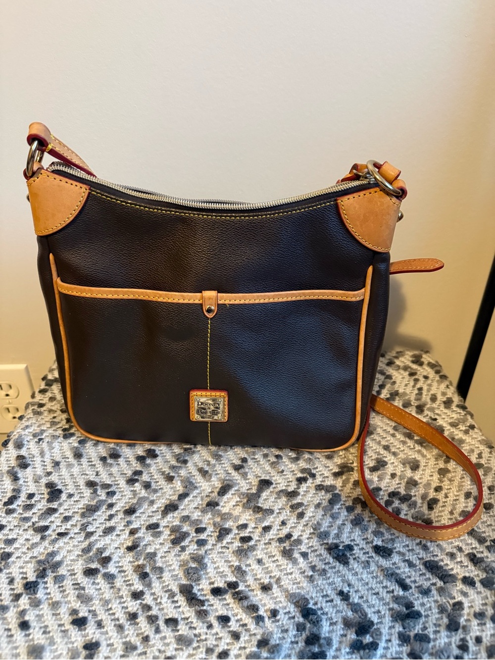 Dooney & Bourke Dark Brown Leather Crossbody with Tan Trim